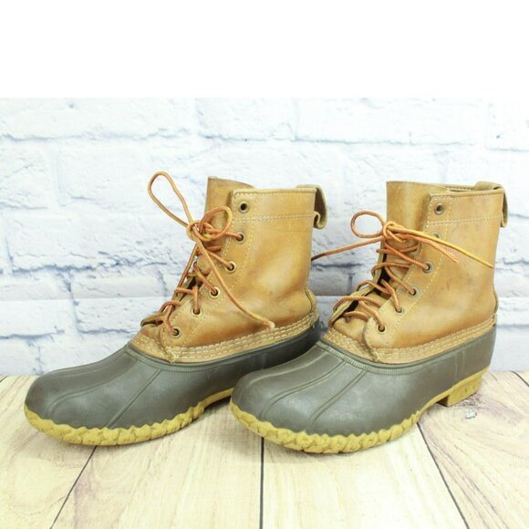 LL Bean Brown Leather Lace Up Round Toe Unlined Ankle Duck Boots Size 9 M - Picture 2 of 9